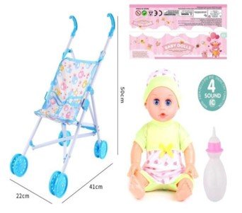 Muñeca Pelona de 35 cm con Cochecito